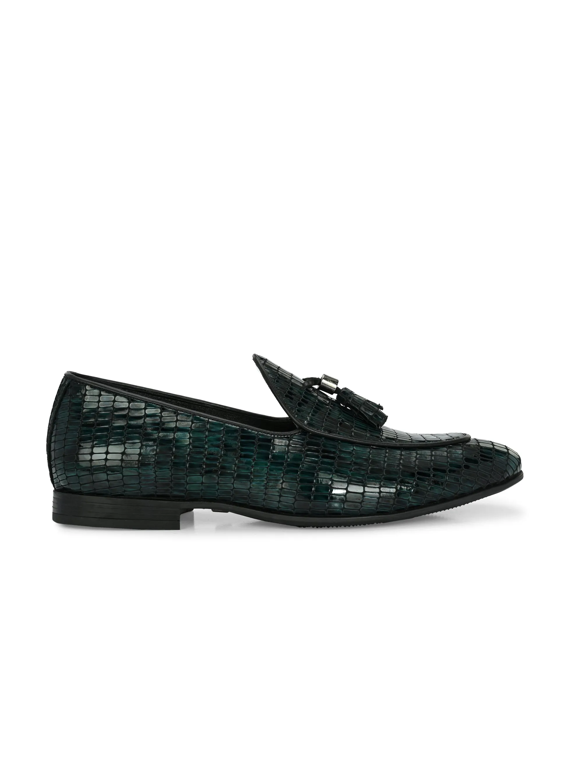 Hitz Men's Green Leather Party Wear Tassel Shoes