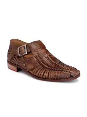 Hitz Men's Tan Leather Party Wear Shoes with Buckle Closure