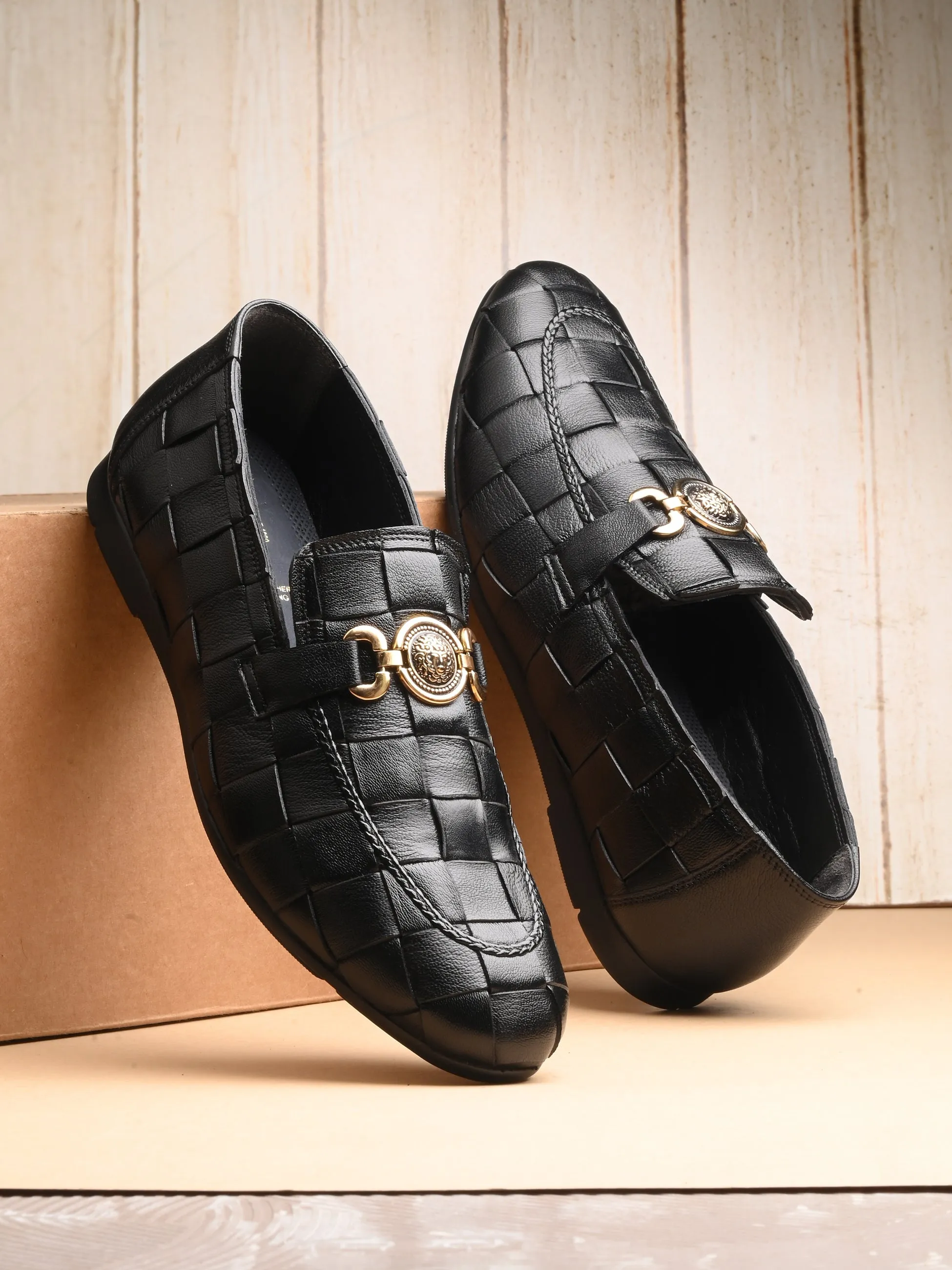 HITZ4928 Men's Black Leather Party Wear Slip-On Shoes