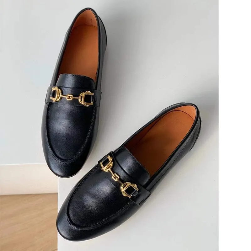 Horsebit-Detailed Handmade Leather Loafers For Women In Black/Brown