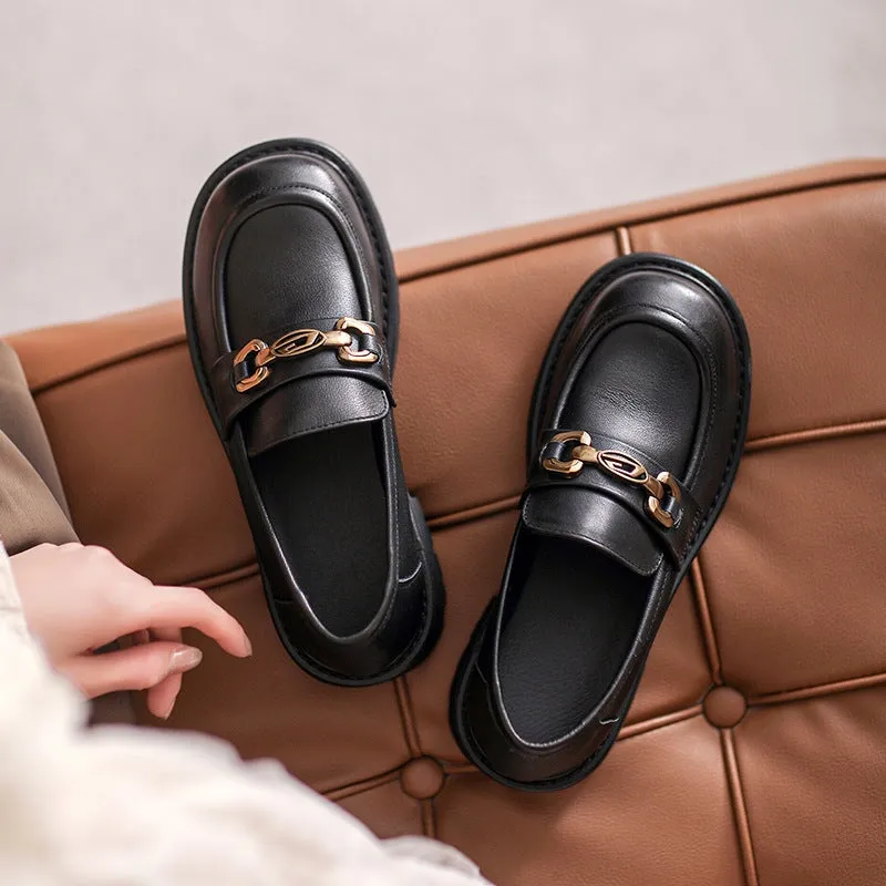 Horsebit-Detailed Handmade Leather Platform Loafers For Women In Black/Brown