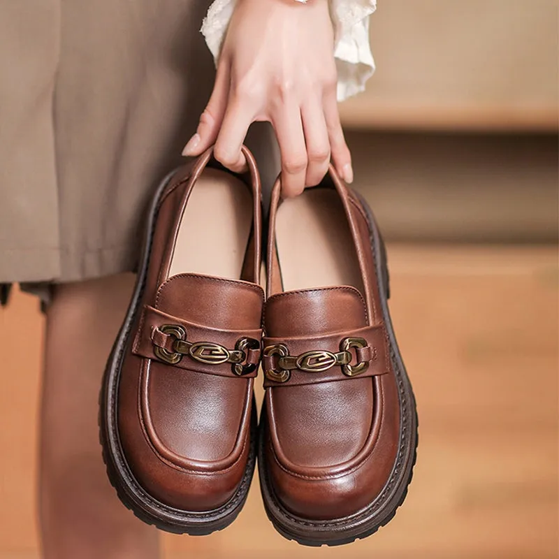 Horsebit-Detailed Handmade Leather Platform Loafers For Women In Black/Brown