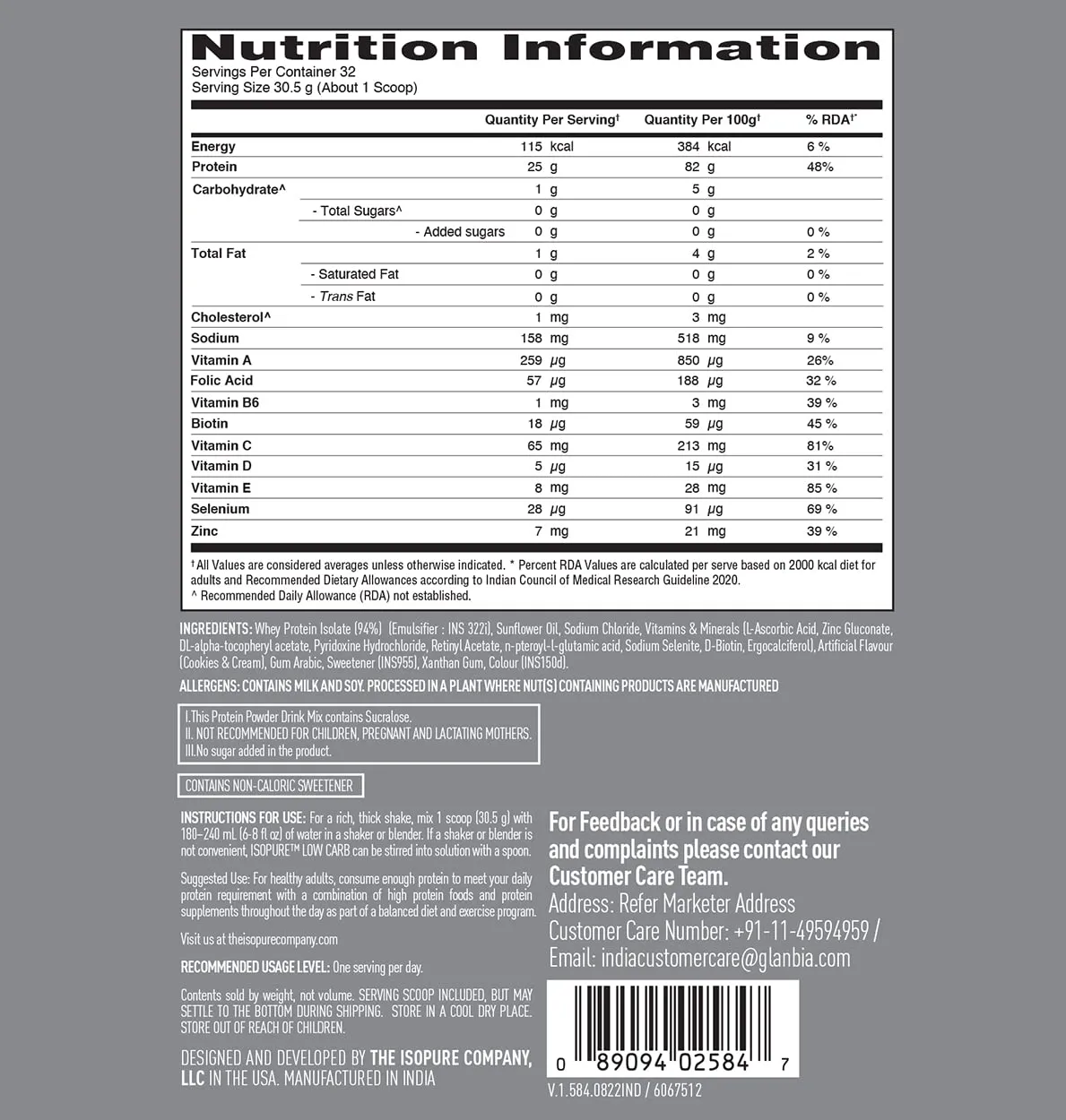 Isopure Whey Protein Isolate Powder with less than 1.5gm of Carbs and Vitamins for Immune Support - 1 kg Cookies & Cream, Vegetarian protein for Men & Women. Offer Pack