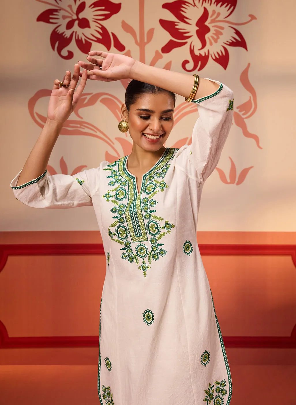 Jannat Ivory Embroidered Cotton Linen Designer Kurta Set