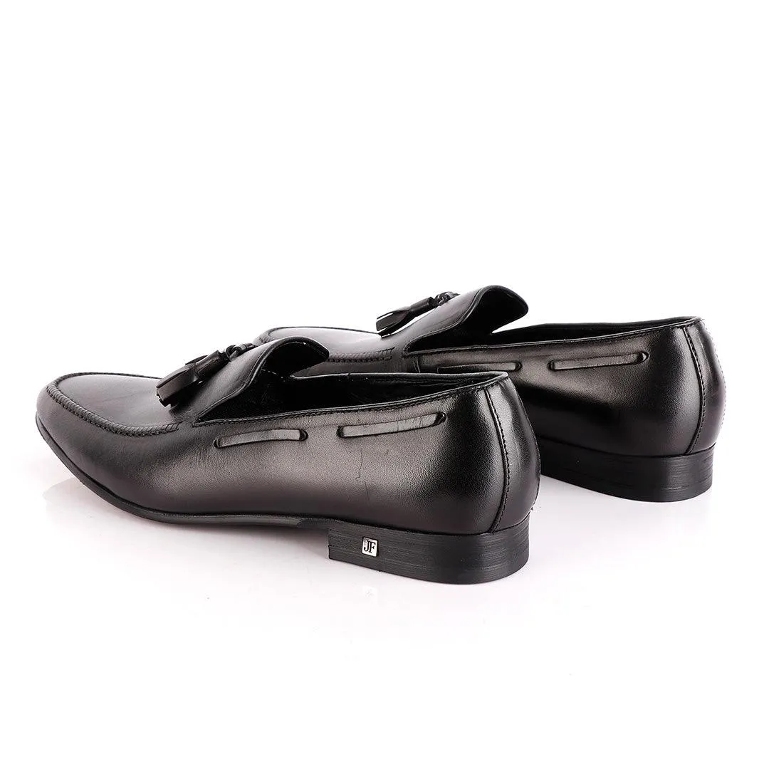 John Foster Plain Black Leather Tassel Slip on Shoe