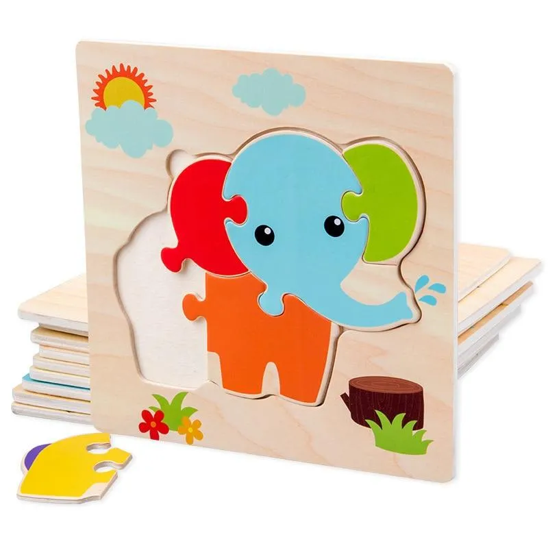 Kids Wooden 3D Puzzle  Toy Early Education Cartoon Animal Learning Jigsaw Puzzle Wood Toy For Children 2 to 4 Year old