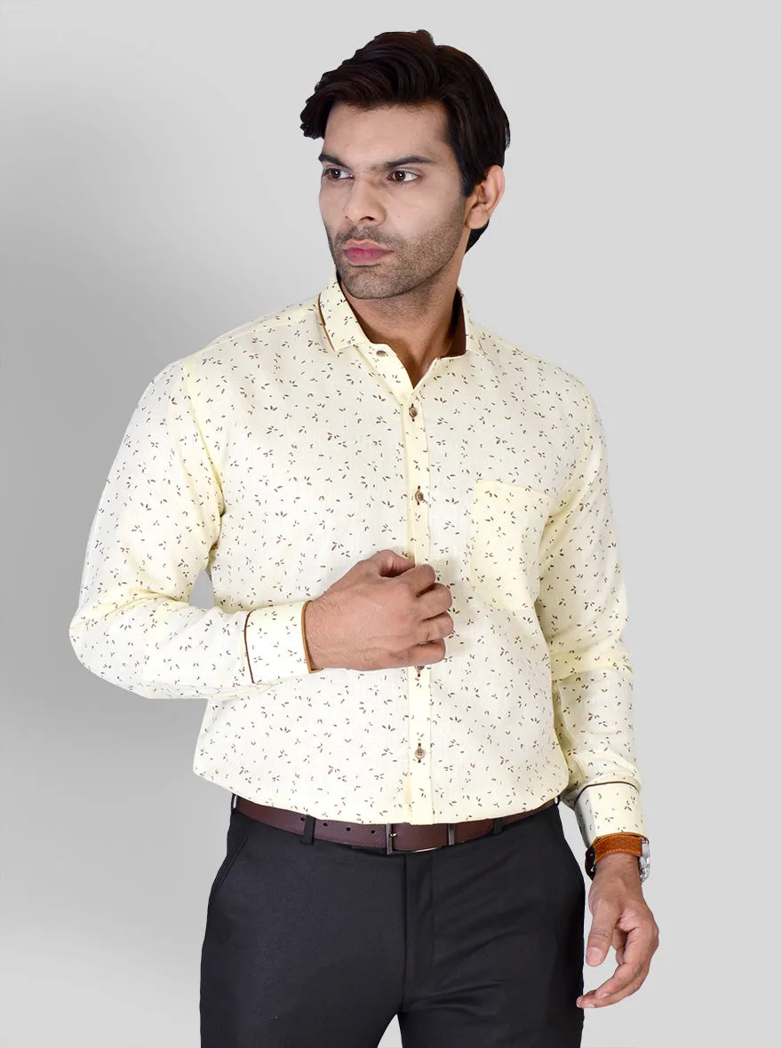 Lemon Yellow & Brown Printed Slim Fit Party Wear Shirt | Greenfibre