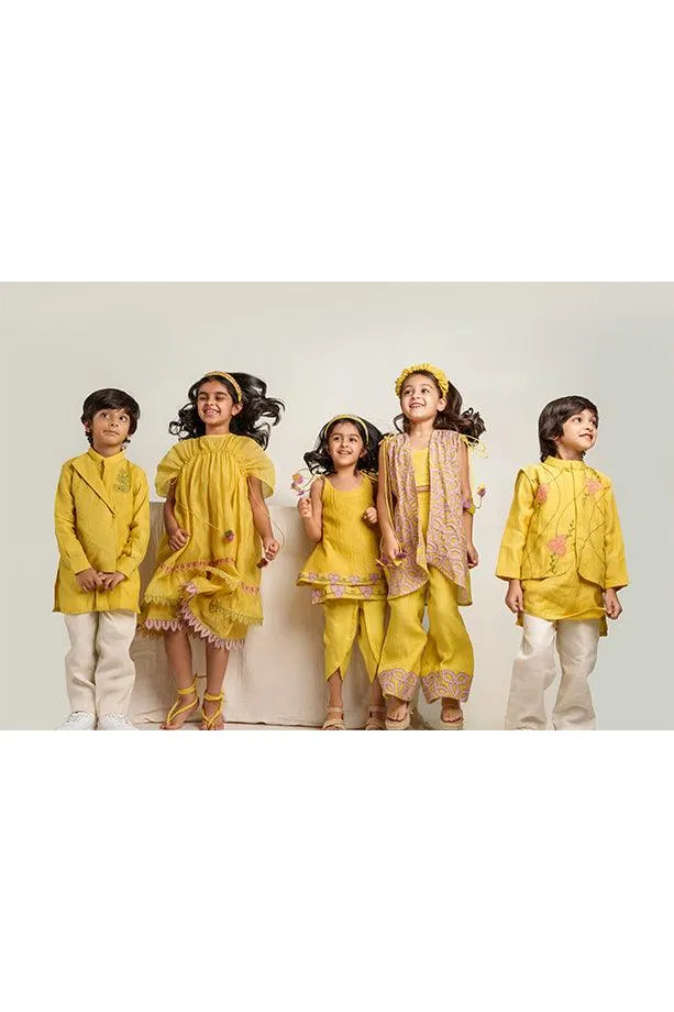 Little Star- Yellow Chanderi Silk Hand Embroidered Collared Jacket with Kurta & White Pants Set for Boys