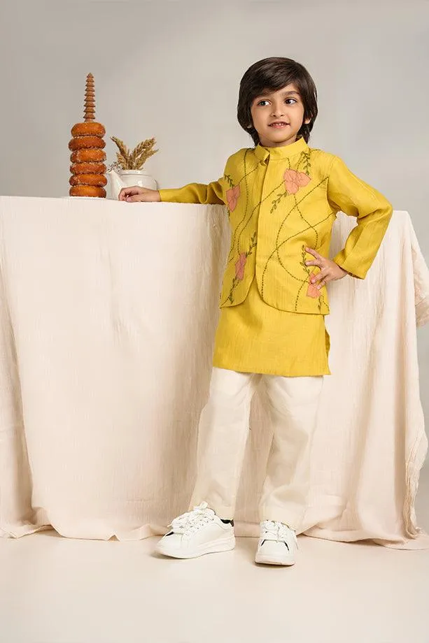 Little Star- Yellow Chanderi Silk Hand Embroidered Collared Jacket with Kurta & White Pants Set for Boys