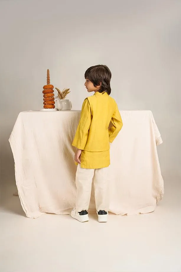 Little Star- Yellow Chanderi Silk Hand Embroidered Collared Jacket with Kurta & White Pants Set for Boys