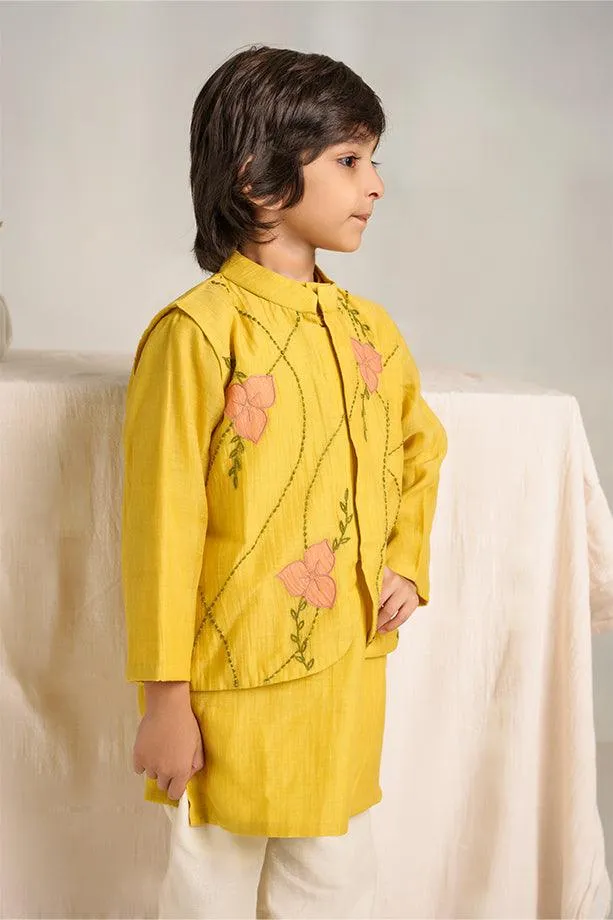 Little Star- Yellow Chanderi Silk Hand Embroidered Collared Jacket with Kurta & White Pants Set for Boys