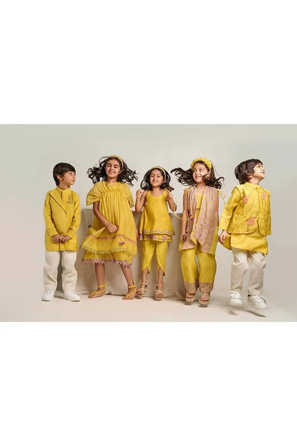 Little Star- Yellow Chanderi Silk Hand Embroidered Collared Jacket with Kurta & White Pants Set for Boys