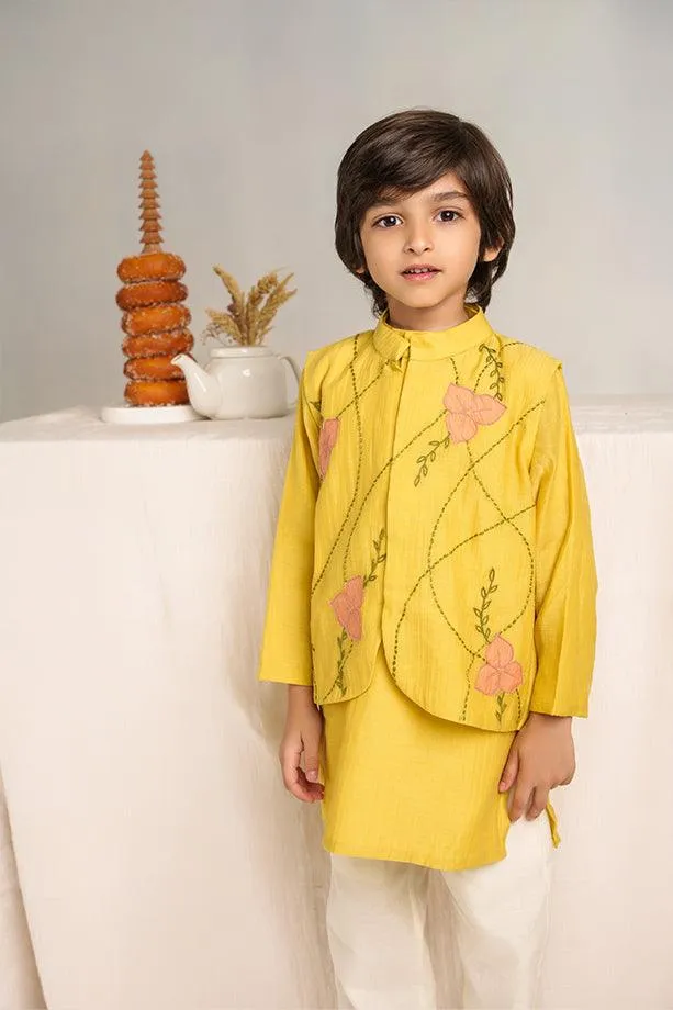 Little Star- Yellow Chanderi Silk Hand Embroidered Collared Jacket with Kurta & White Pants Set for Boys