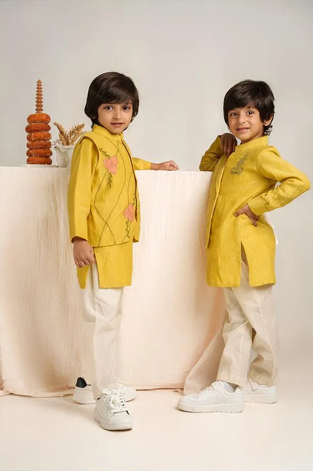 Little Star- Yellow Chanderi Silk Hand Embroidered Collared Jacket with Kurta & White Pants Set for Boys