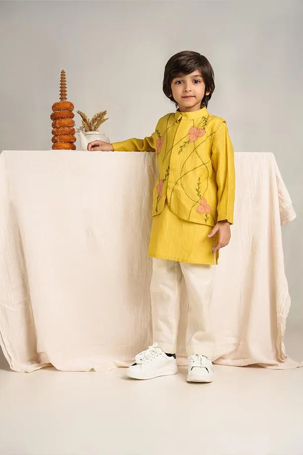 Little Star- Yellow Chanderi Silk Hand Embroidered Collared Jacket with Kurta & White Pants Set for Boys