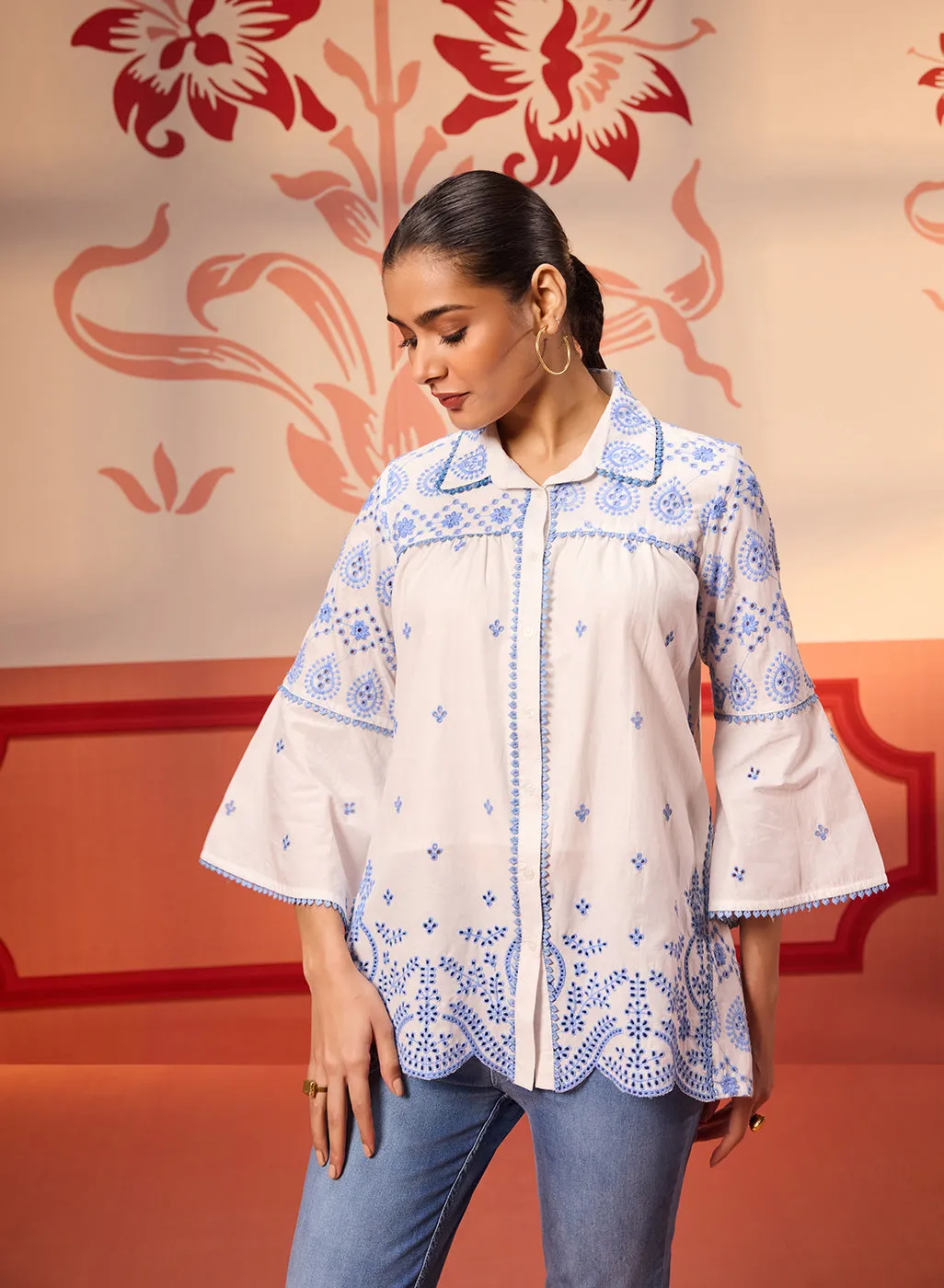 Masakali Ivory with Blue Embroidered Schiffli Shirt for Women