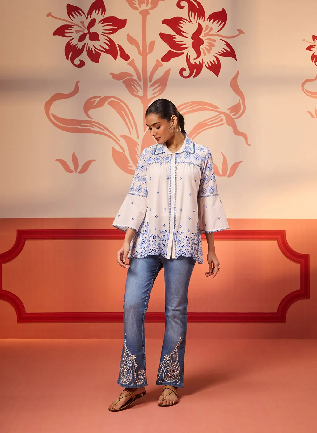 Masakali Ivory with Blue Embroidered Schiffli Shirt for Women