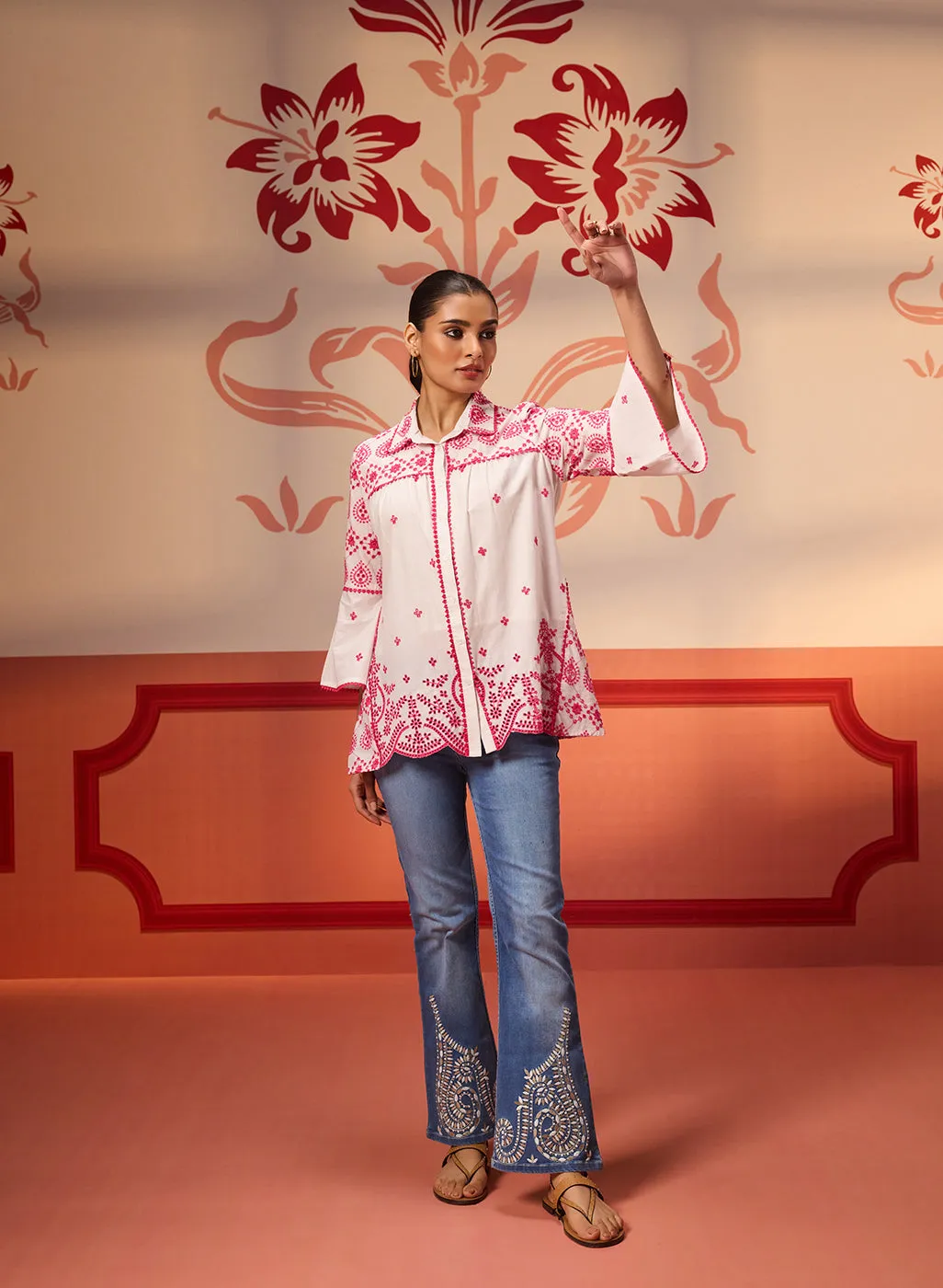 Masakali Ivory with Fuchsia Pink Embroidered Schiffli Shirt for Women