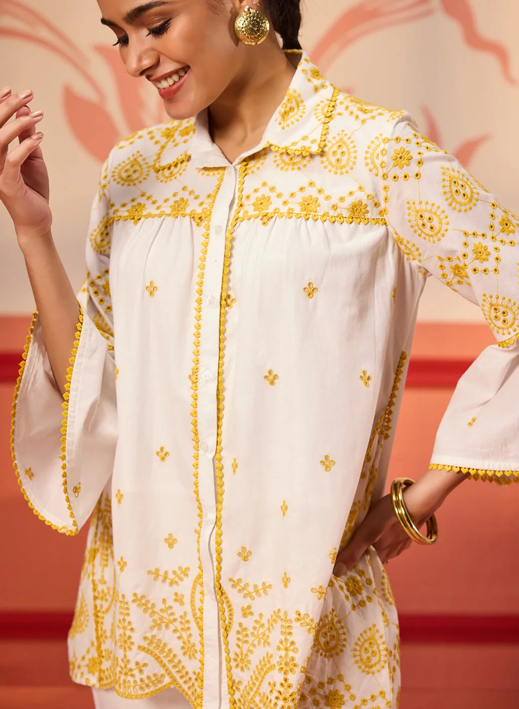 Masakali Ivory with Yellow Embroidered Schiffli Shirt for Women