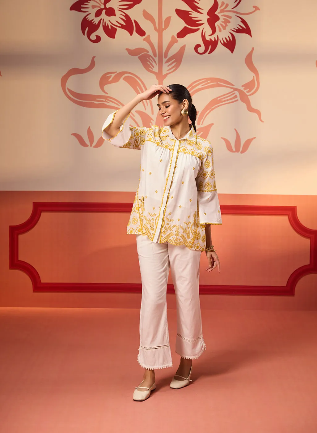 Masakali Ivory with Yellow Embroidered Schiffli Shirt for Women