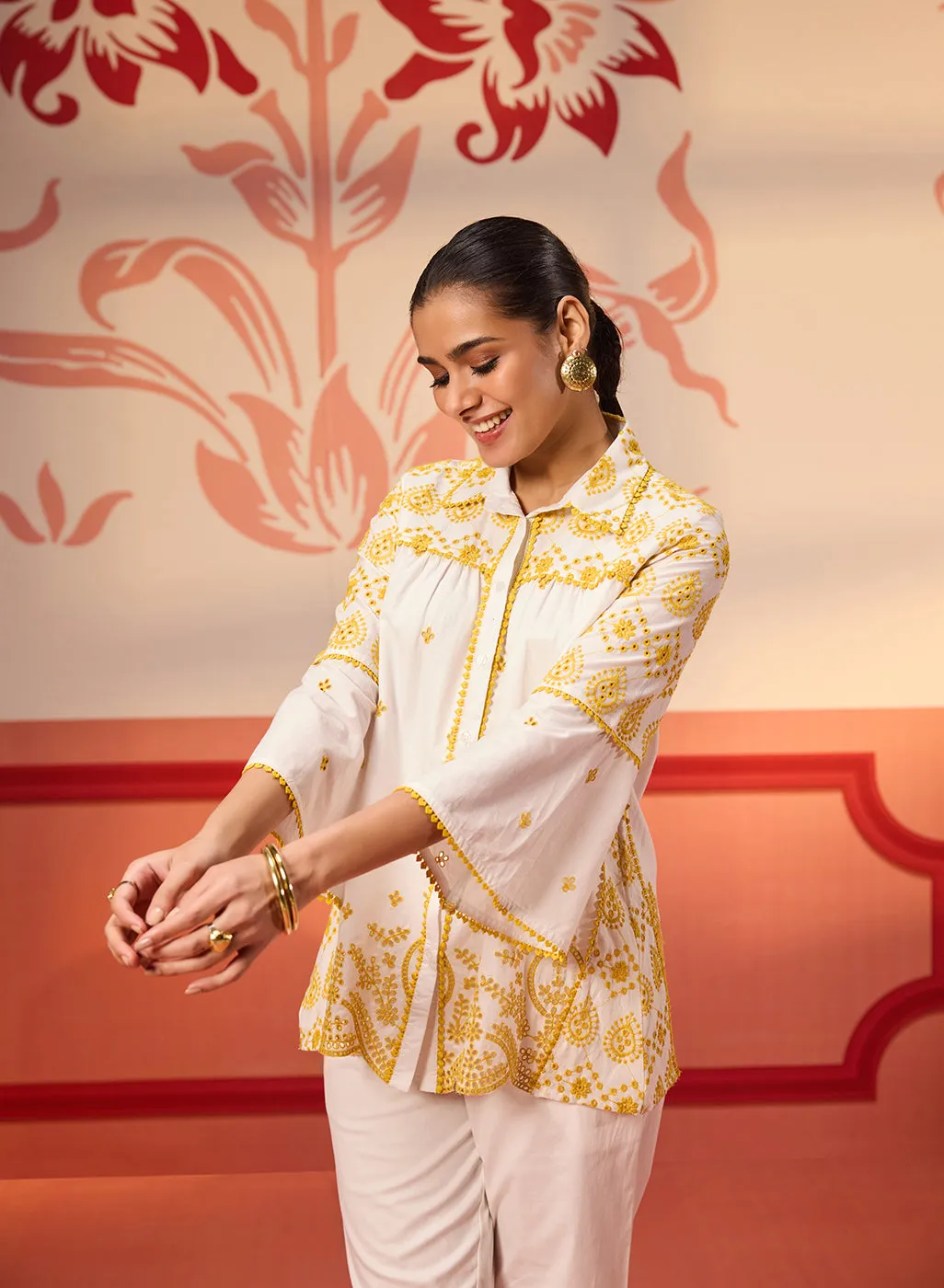 Masakali Ivory with Yellow Embroidered Schiffli Shirt for Women