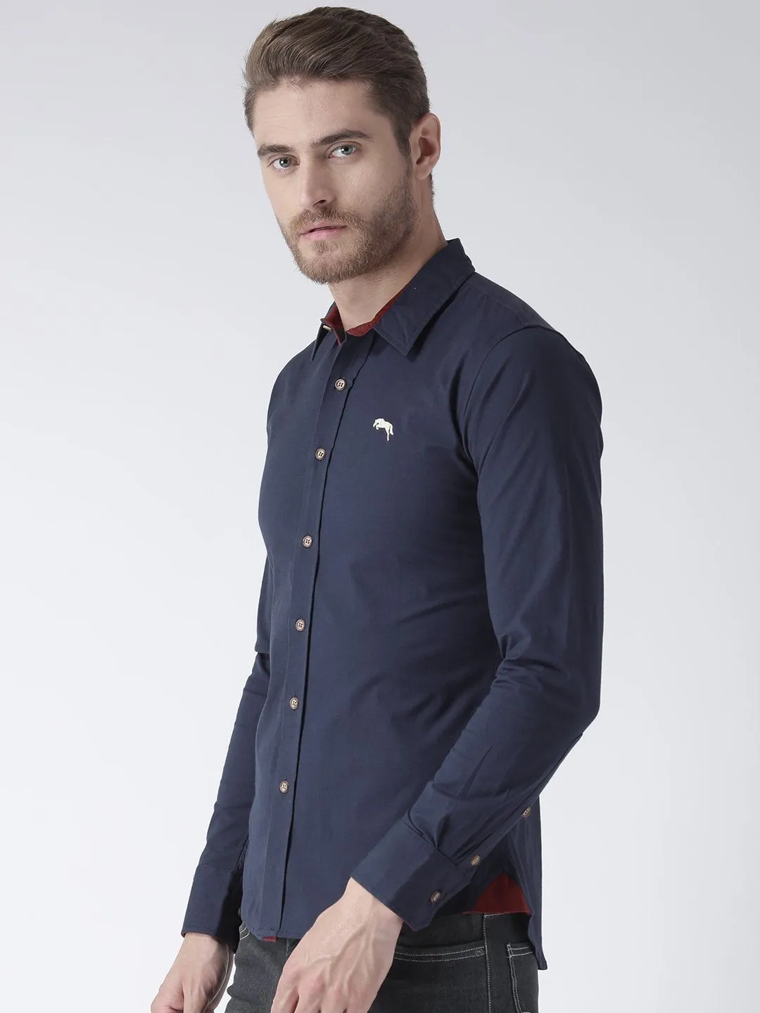 Men Navy Blue Solid Cotton Regular Fit Shirt