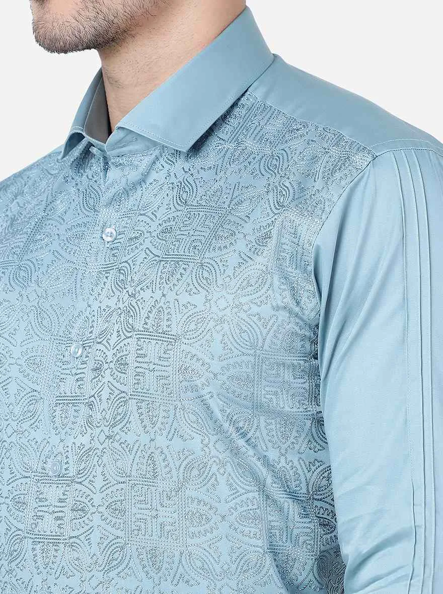 Mint Blue Printed Slim Fit Party Wear Shirt | JB Studio