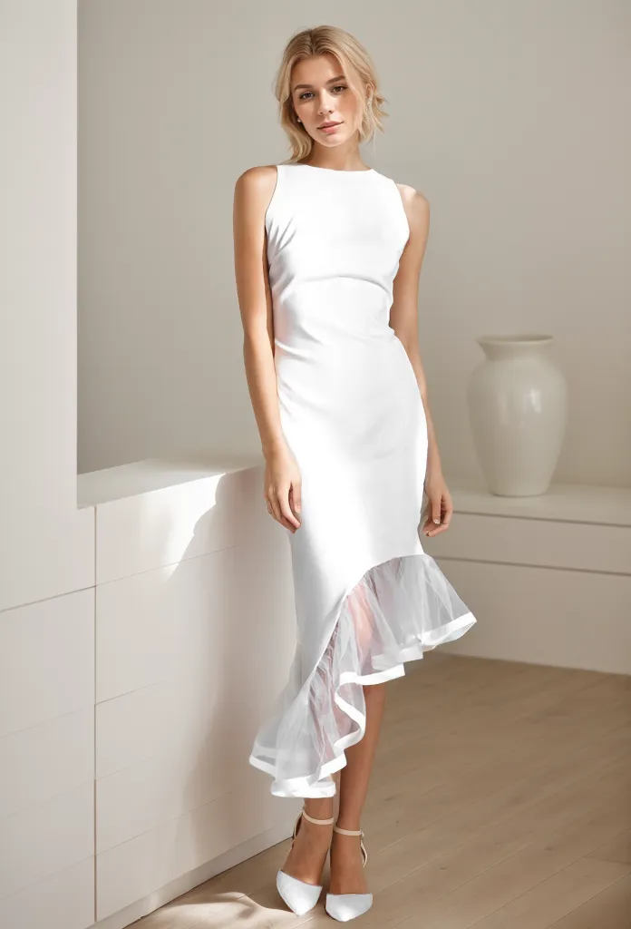 Modern Scoop Neck asymmetrical skirt hem Satin wedding dress little white dress