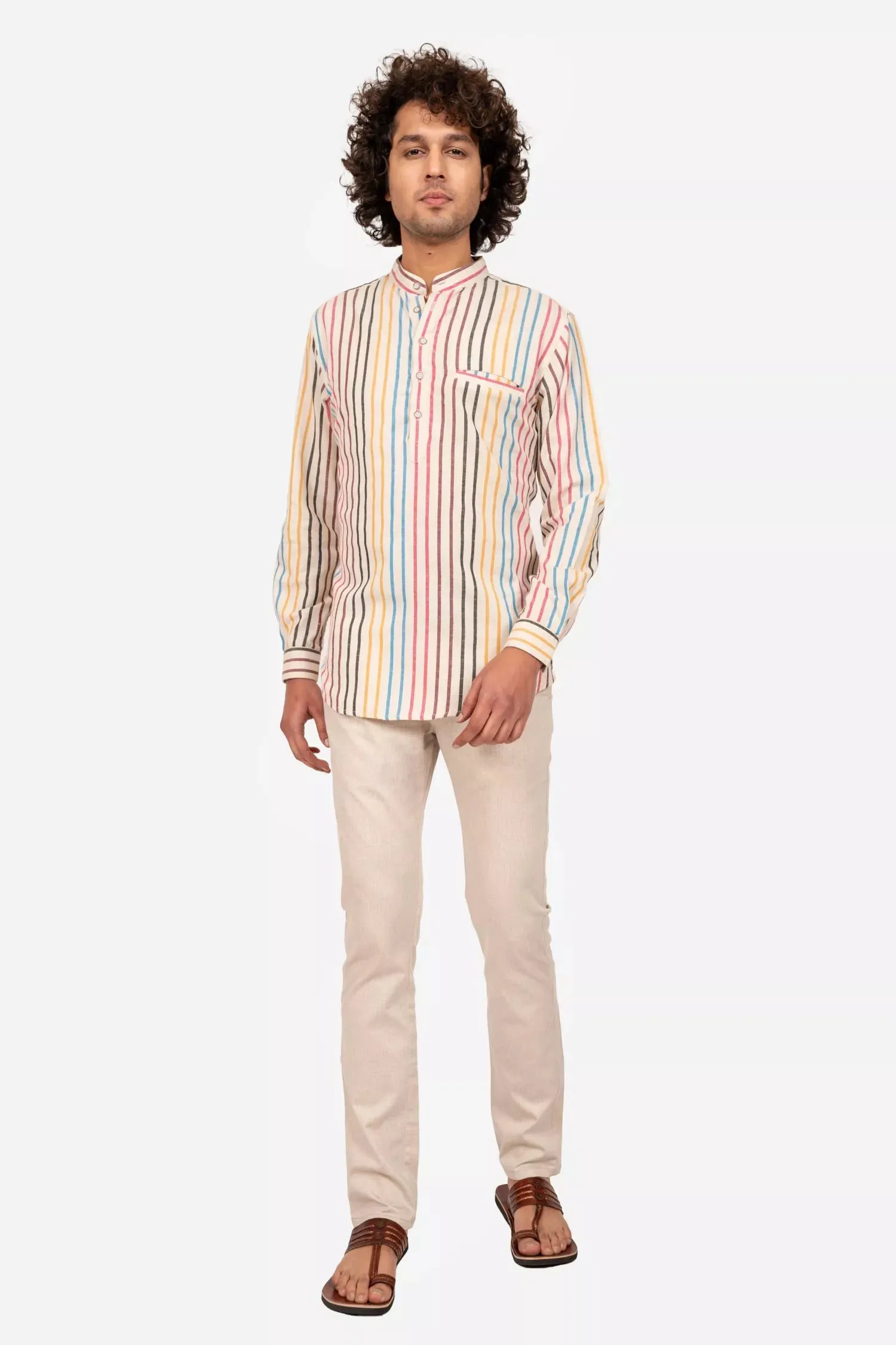 Multicolored Striped Cotton Short Kurta