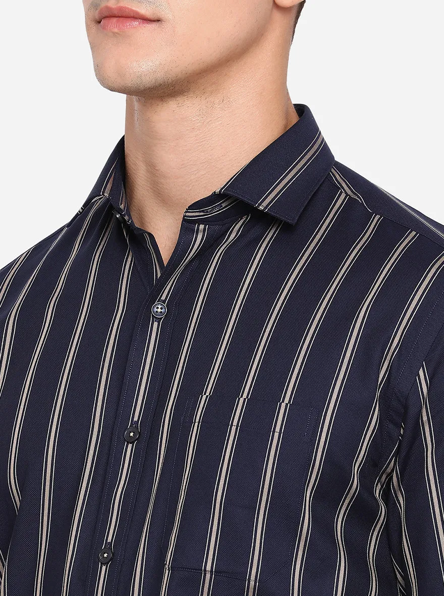 Navy Blue & Khaki Striped Regular Fit Formal Shirt | JadeBlue