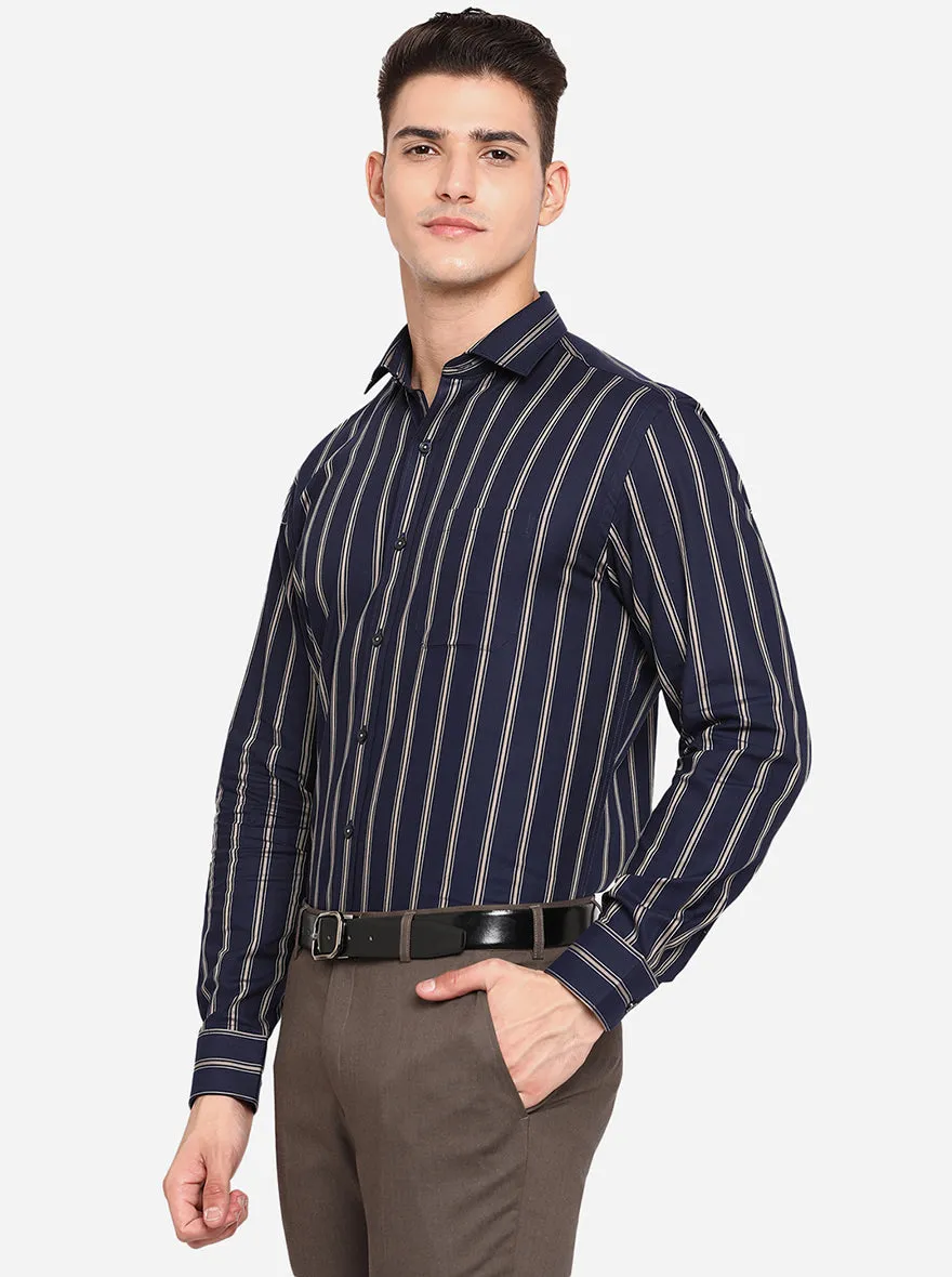 Navy Blue & Khaki Striped Regular Fit Formal Shirt | JadeBlue