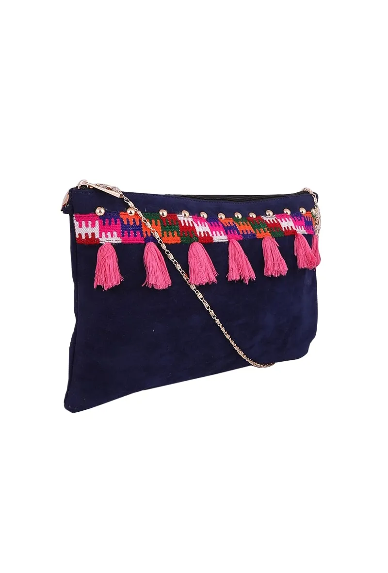 Navy Blue Kullu Patti Suede Envelope Clutch