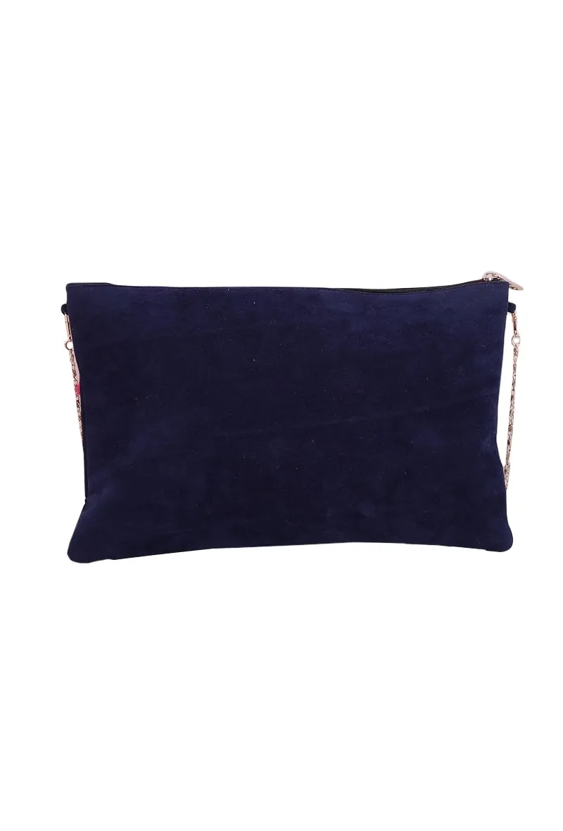 Navy Blue Kullu Patti Suede Envelope Clutch