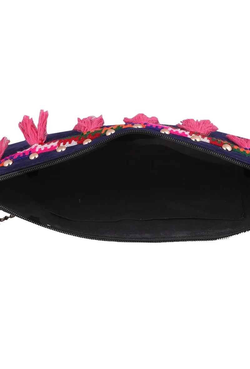 Navy Blue Kullu Patti Suede Envelope Clutch