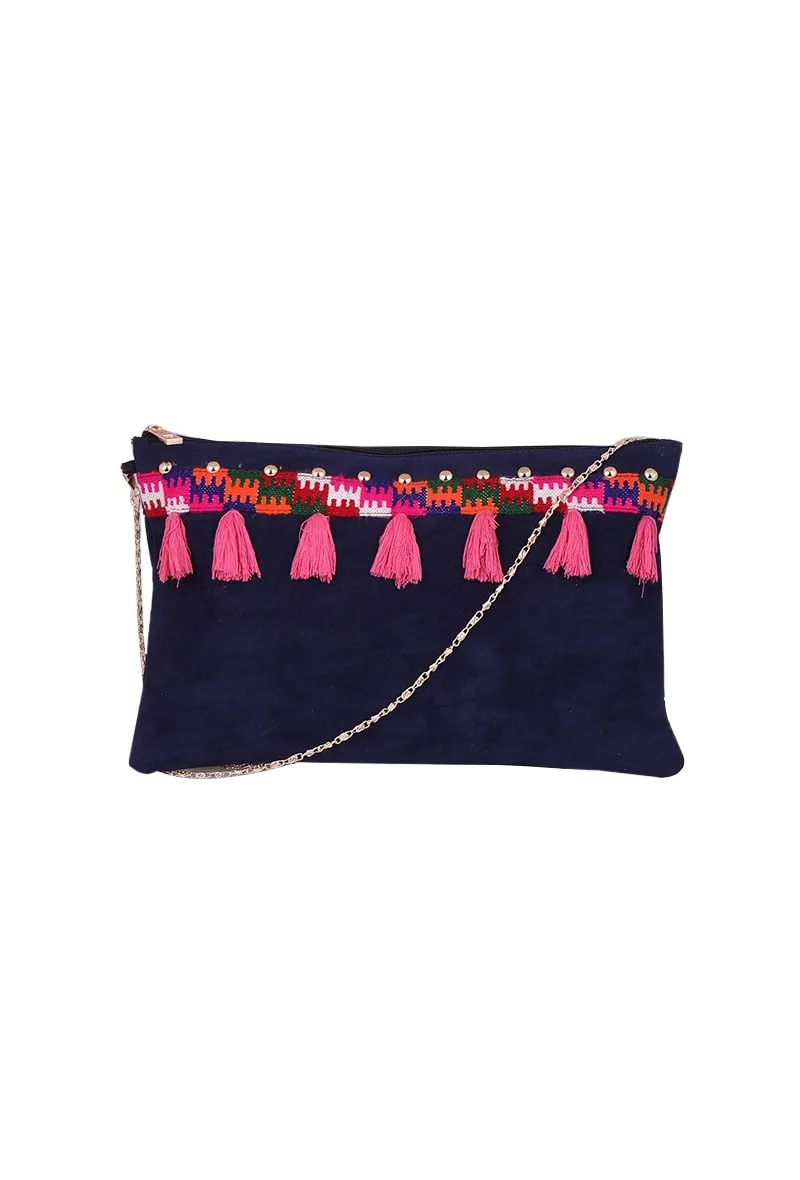 Navy Blue Kullu Patti Suede Envelope Clutch