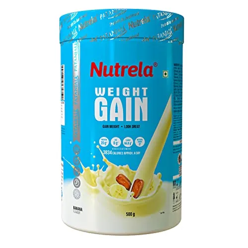 Nutrela Weight Gainer - 500g | 20g Protein, 66.8 Carbs, 13 Vitamins & 12 Minerals with Khandsari Sugar | Ideal for Athlete, Men, Women & Kids above 10 Year - Banana Flavour