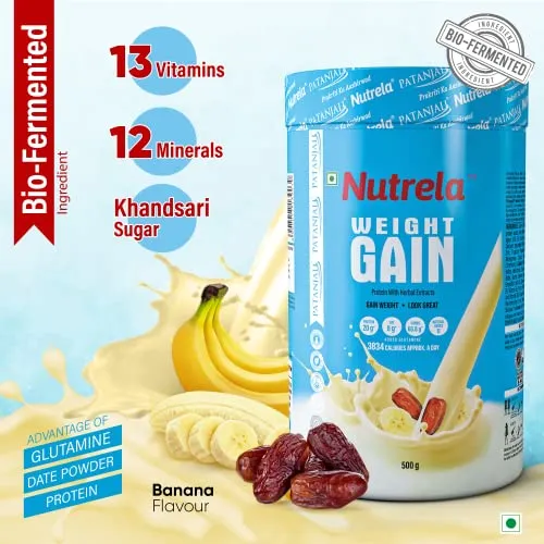 Nutrela Weight Gainer - 500g | 20g Protein, 66.8 Carbs, 13 Vitamins & 12 Minerals with Khandsari Sugar | Ideal for Athlete, Men, Women & Kids above 10 Year - Banana Flavour