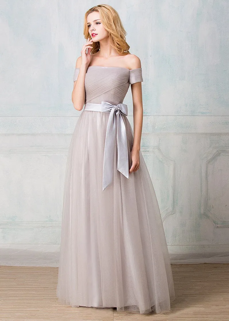 Off-shoulder floor-length tulle long prom dress