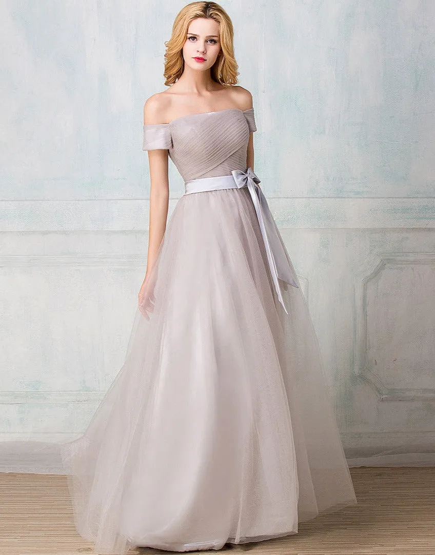 Off-shoulder floor-length tulle long prom dress