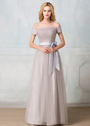 Off-shoulder floor-length tulle long prom dress