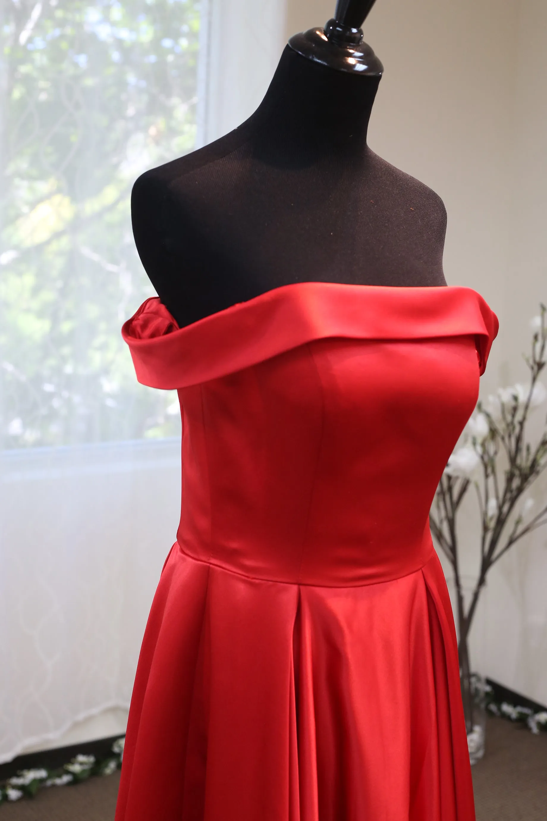 Off-shoulder Ruby Red A-line Japanese Soft Satin Prom Dress with Crystal Beaded Sash