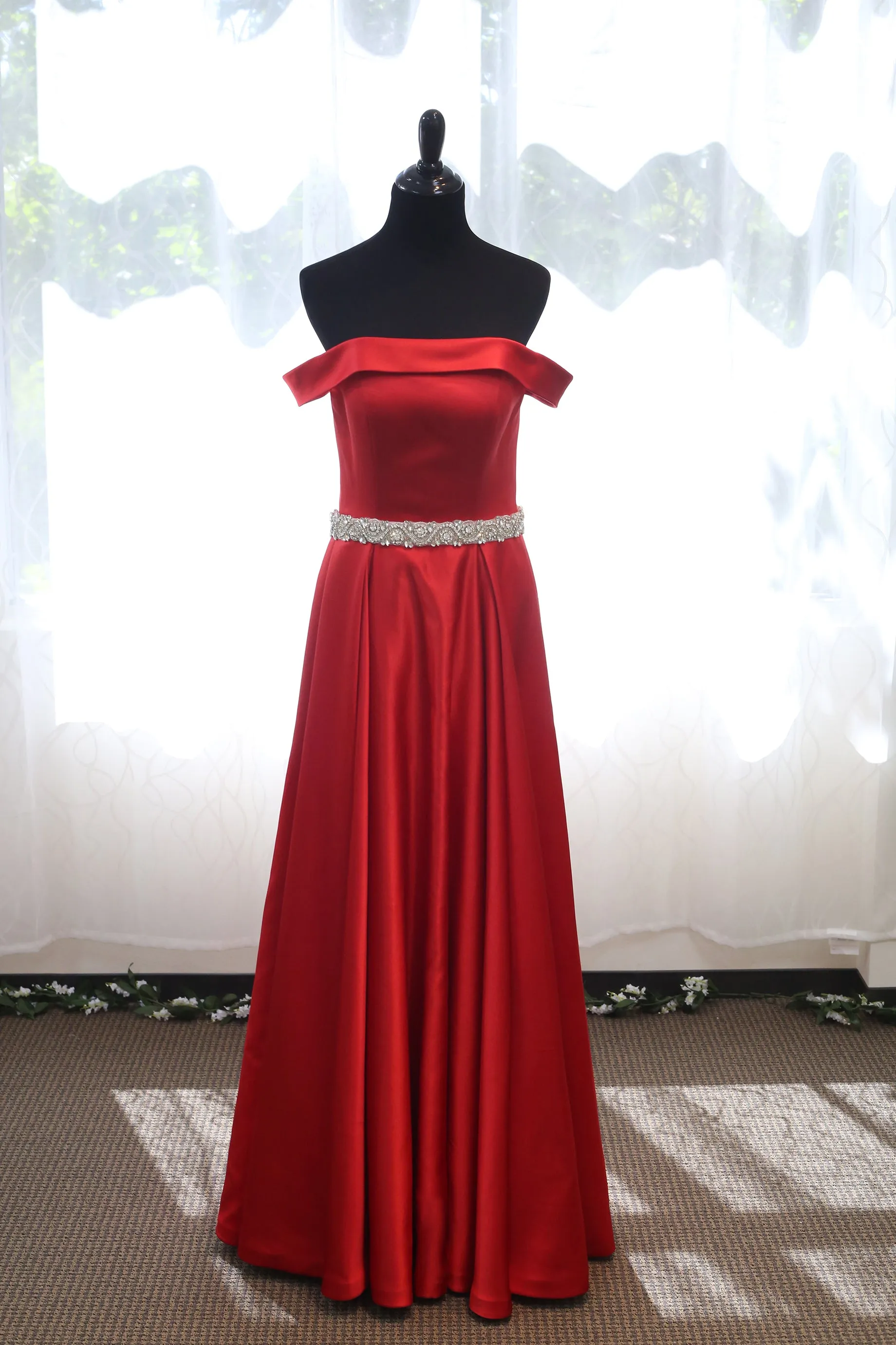 Off-shoulder Ruby Red A-line Japanese Soft Satin Prom Dress with Crystal Beaded Sash