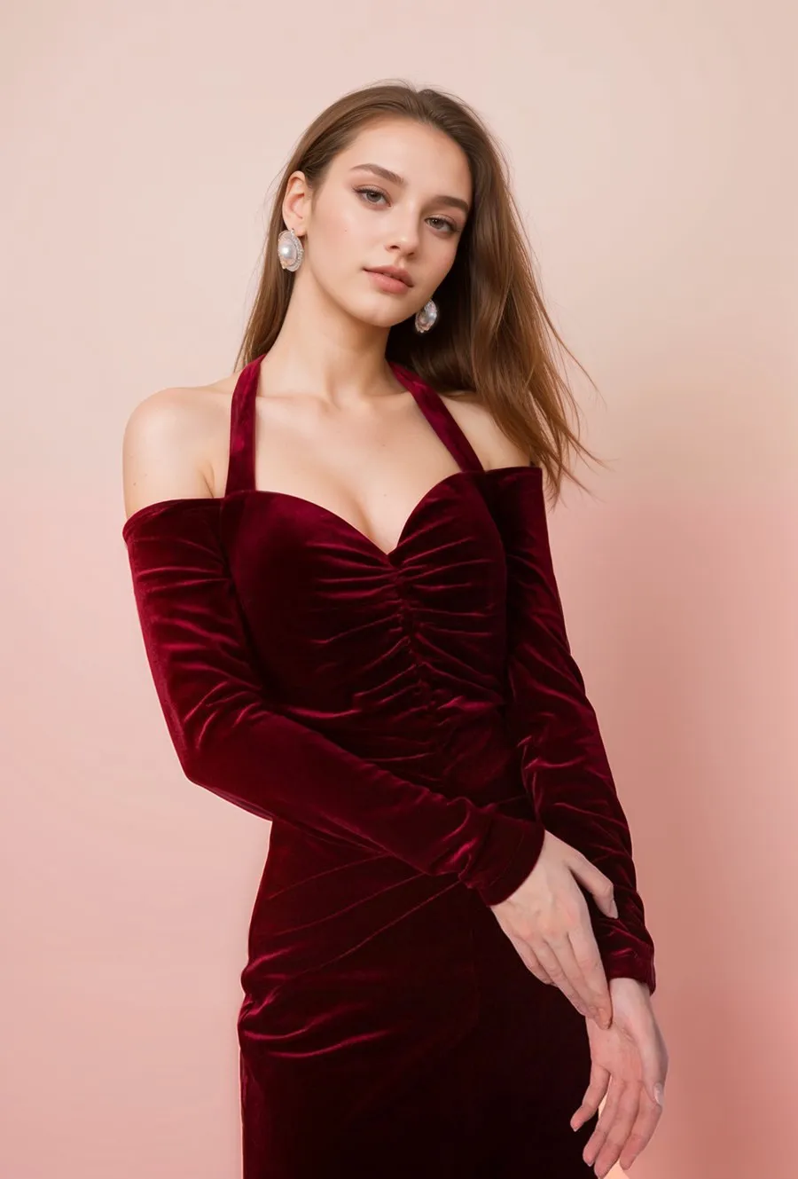 Off-the-shoulder Halter Long Sleeves sheath Prom Velvet Dress front slit