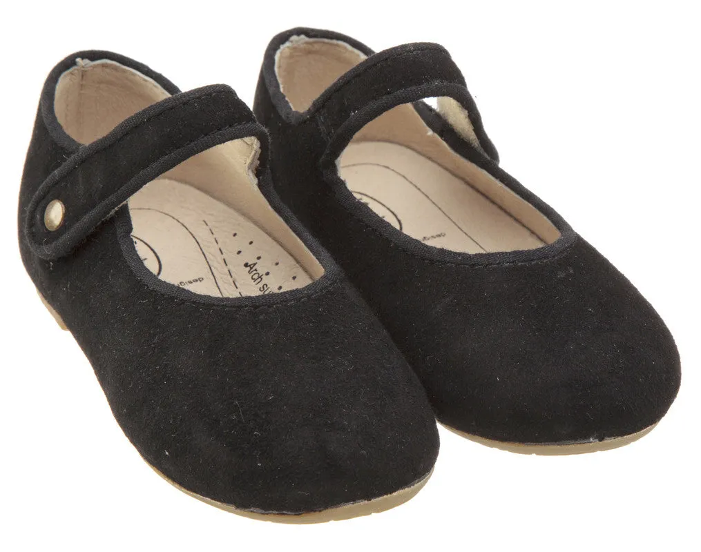 Old Soles Girl's 803 Lady Jane Black Suede Leather Hook and Loop Decorative Button Mary Jane Flat Shoe