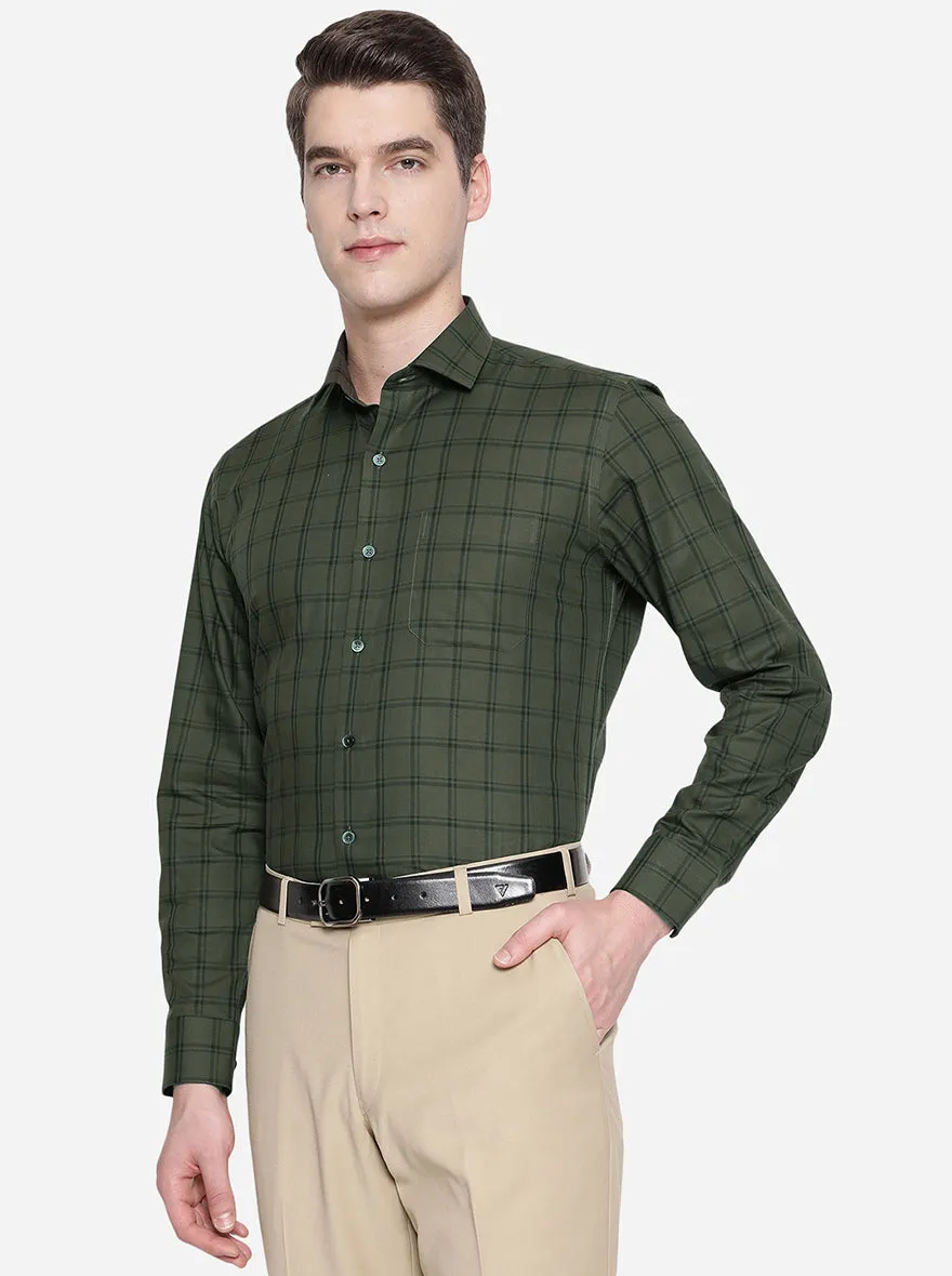 Olive Green Checked Slim Fit Formal Shirt | JadeBlue