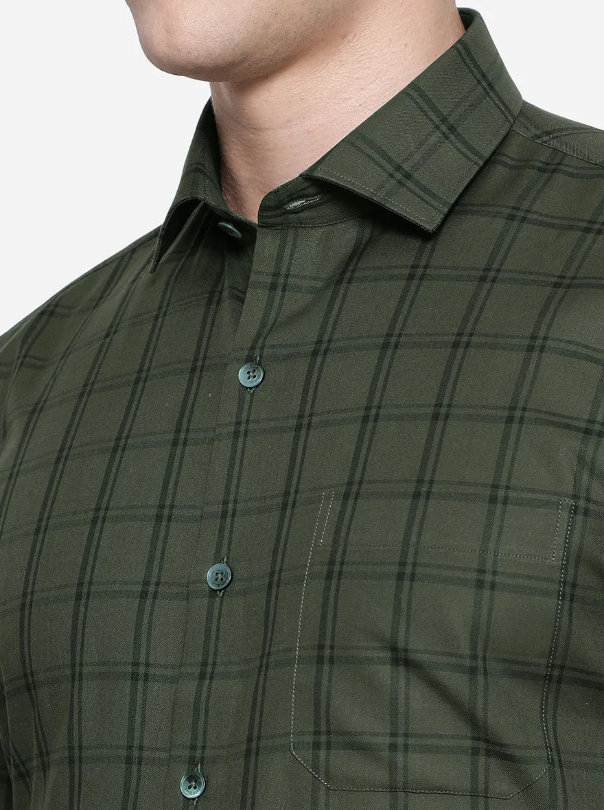 Olive Green Checked Slim Fit Formal Shirt | JadeBlue