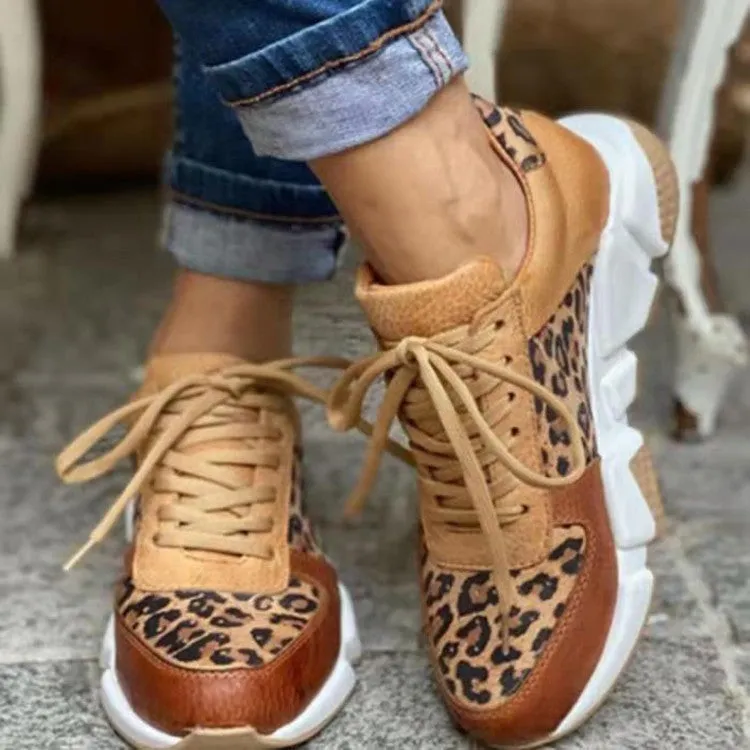 Owlkay Casual Round-Toe Lace-Up Color-Block Leopard Print Sports Shoes