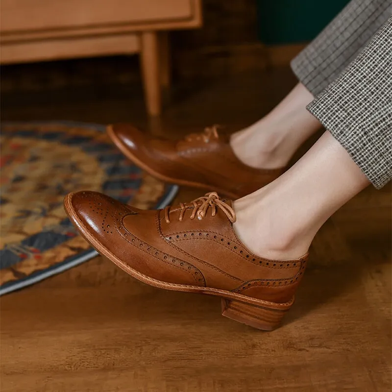 Oxford Tie Shoes for Women Genuine Leather Brogue Shoes in Brown/Black