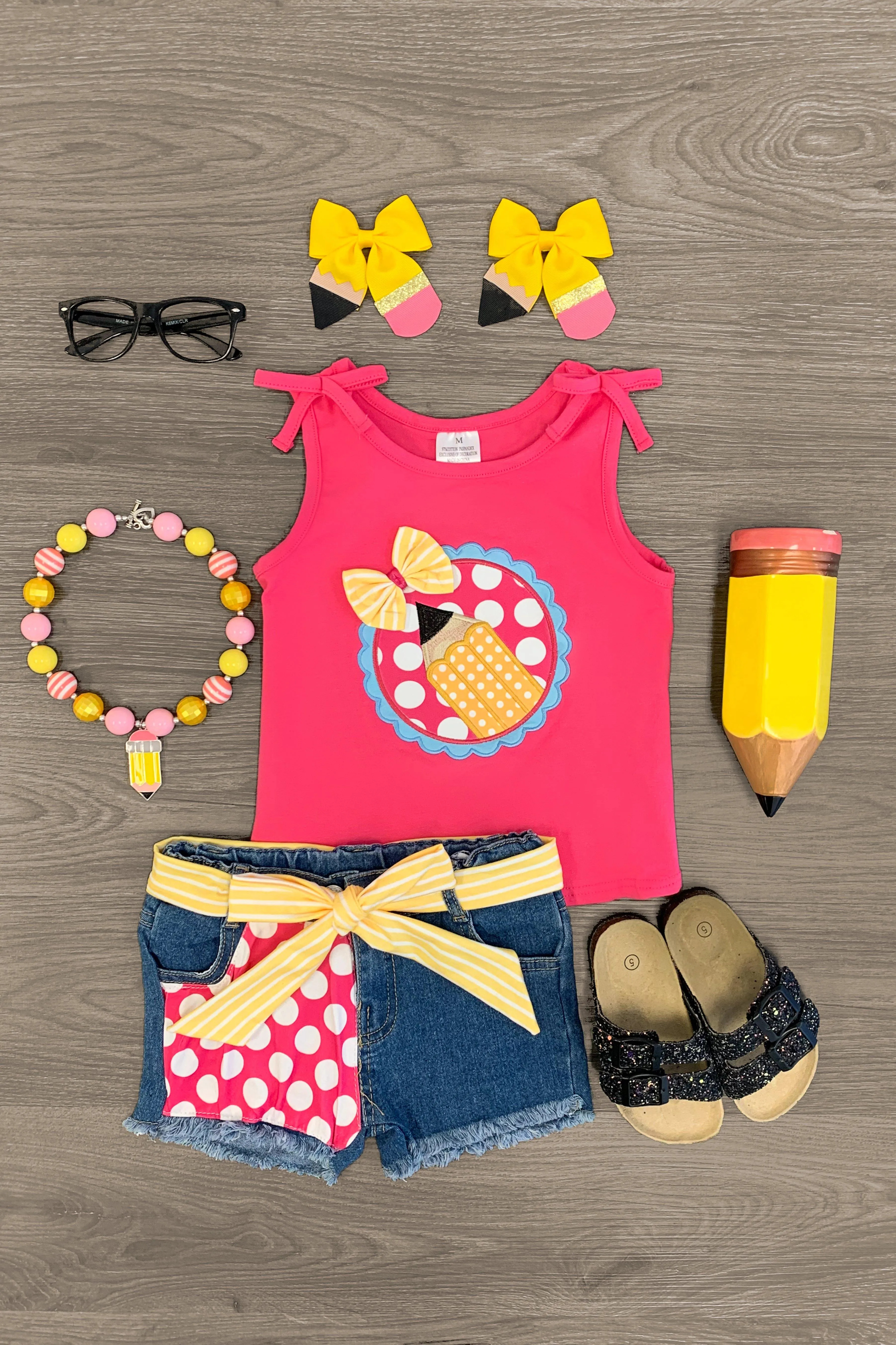 Pink & Yellow Pencil Denim Short Set