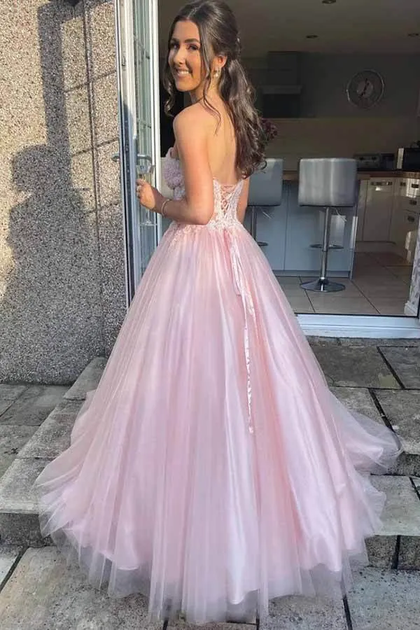 Pink Tulle Lace A-line Strapless Long Formal Dresses, fancy prom dresses